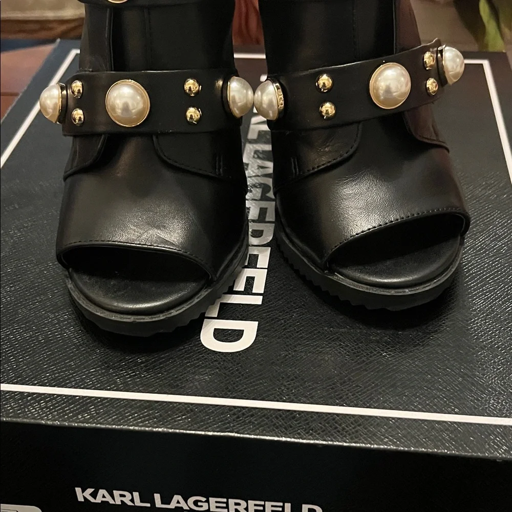 Karl Lagerfeld Black Heeled Boots with Pearl Accents - Picture 8 of 11